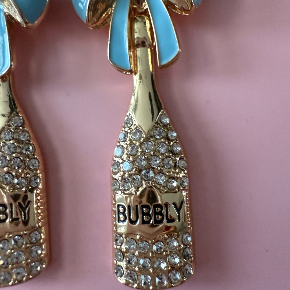 NWT “Bubbly” Champagne Bottle Earrings w/ Blue Bows and faux diamonds CELEBRATE!